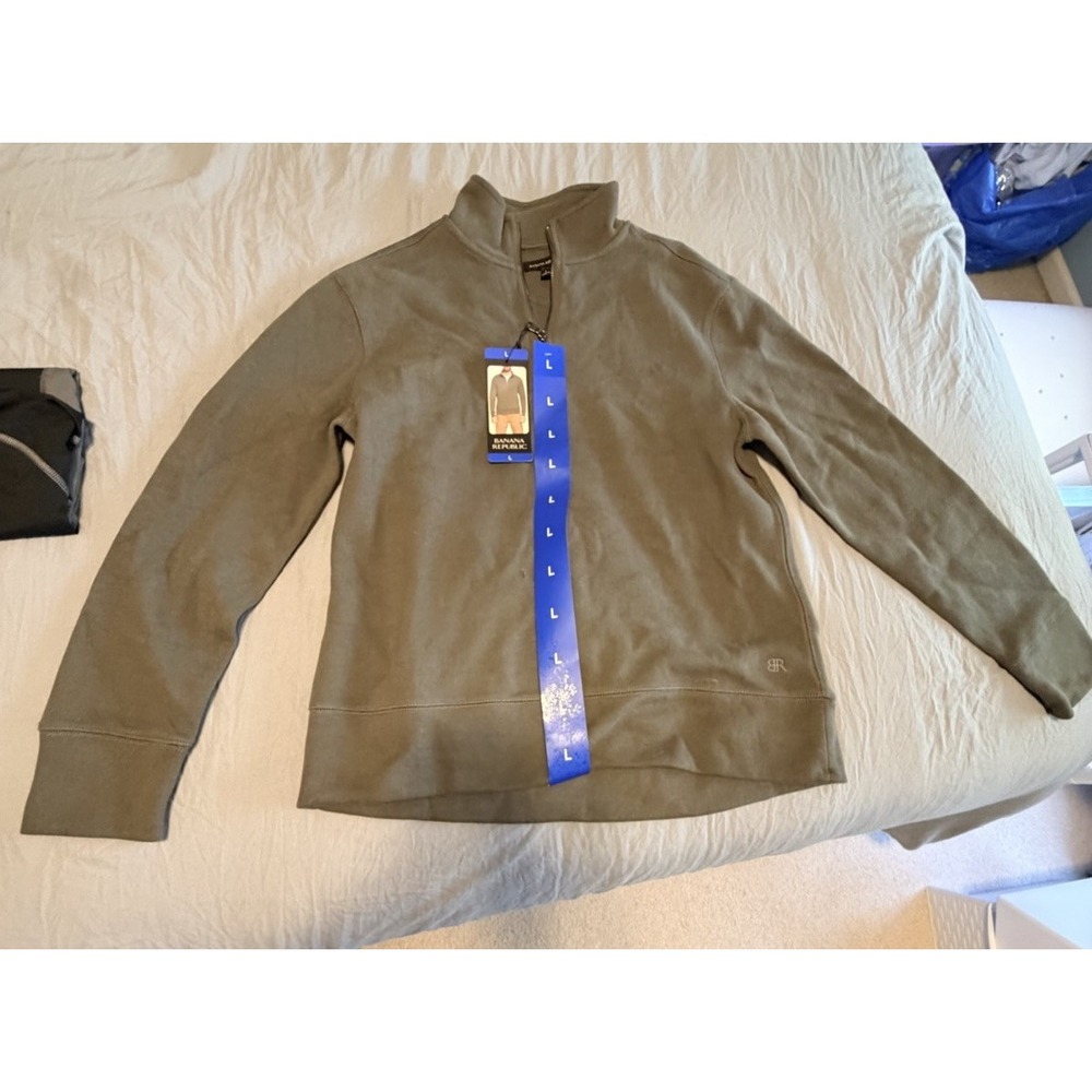 Banana Republic Men's L Khaki Green Cotton Fleece 1/4 Zip Mock Neck Sweatshirt